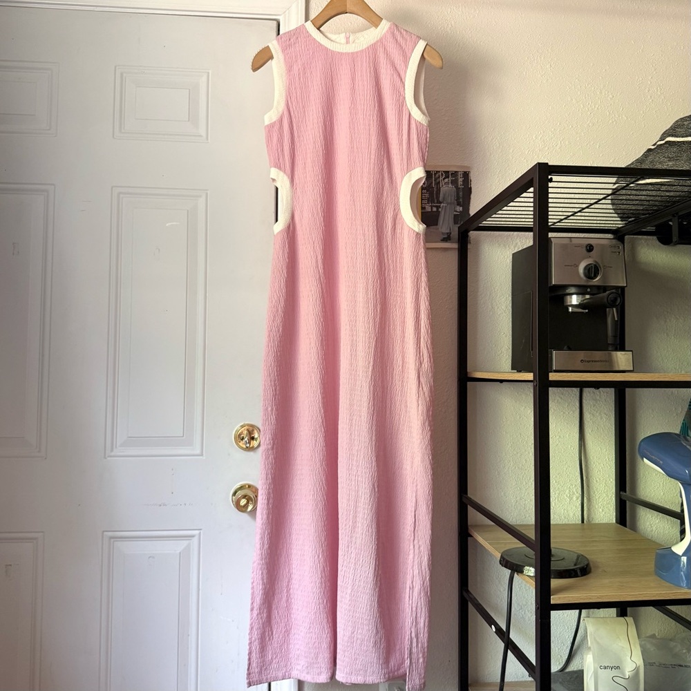 GHOSPELL pink white cutout sleeveless knit‎ stretch crepe maxi dress